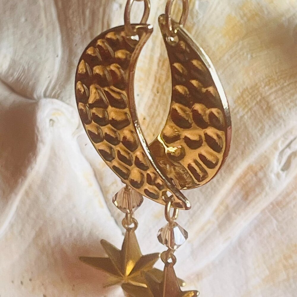 Gold Crescent Moon and Star Celestial Dangle Earrings with Swarovski Crystals - Picture 3 of 6